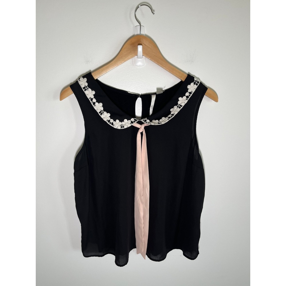 Coquette Dainty Romantic Womens Top L Black Lace Satin Bow